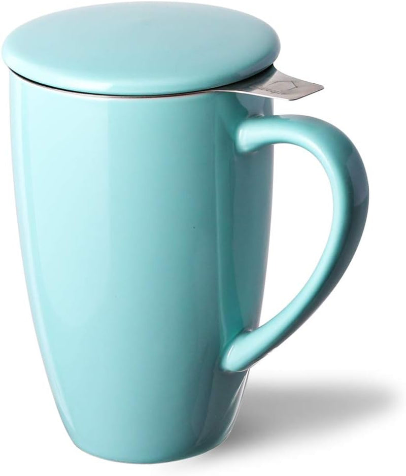 Sweejar Porcelain Tea Infuser Mug with Lid, 16 Oz Teacup with Strainers for Loose Leaf Tea, Microwave and Dishwasher Safe Coffee Mug(Turquoise)
