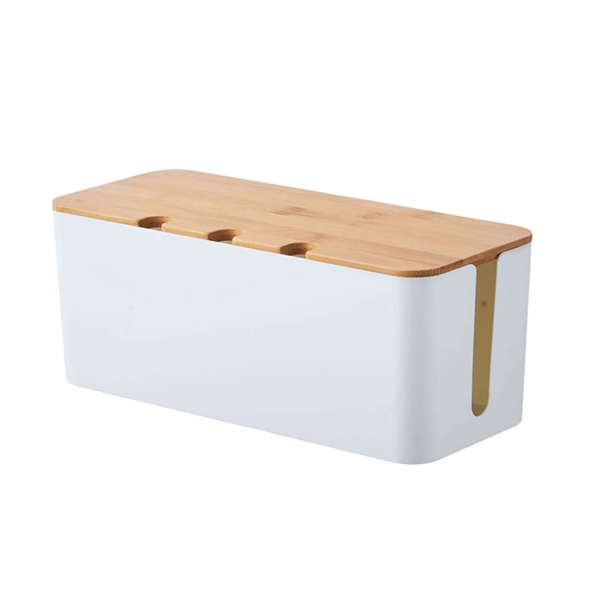 Wooden-style cable management box concealing cords and a power strip under a desk.