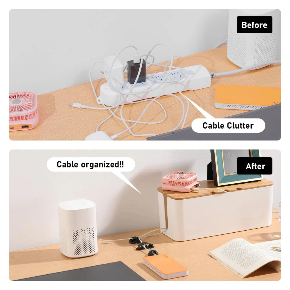 Wooden-style cable management box concealing cords and a power strip under a desk.