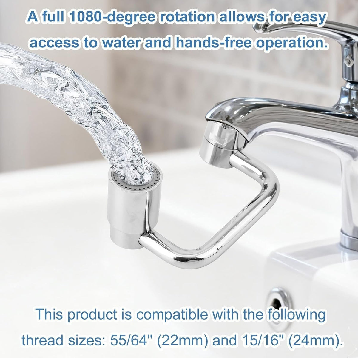 U-shaped faucet extender attached to a bathroom sink faucet at an angle.