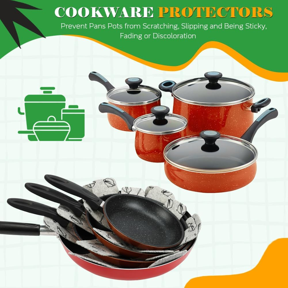 Set of felt pot and pan protectors placed between stacked cookware.