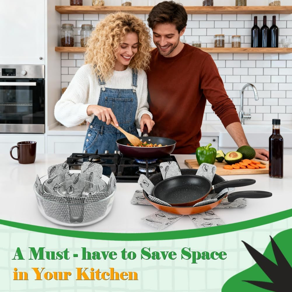 Set of felt pot and pan protectors placed between stacked cookware.