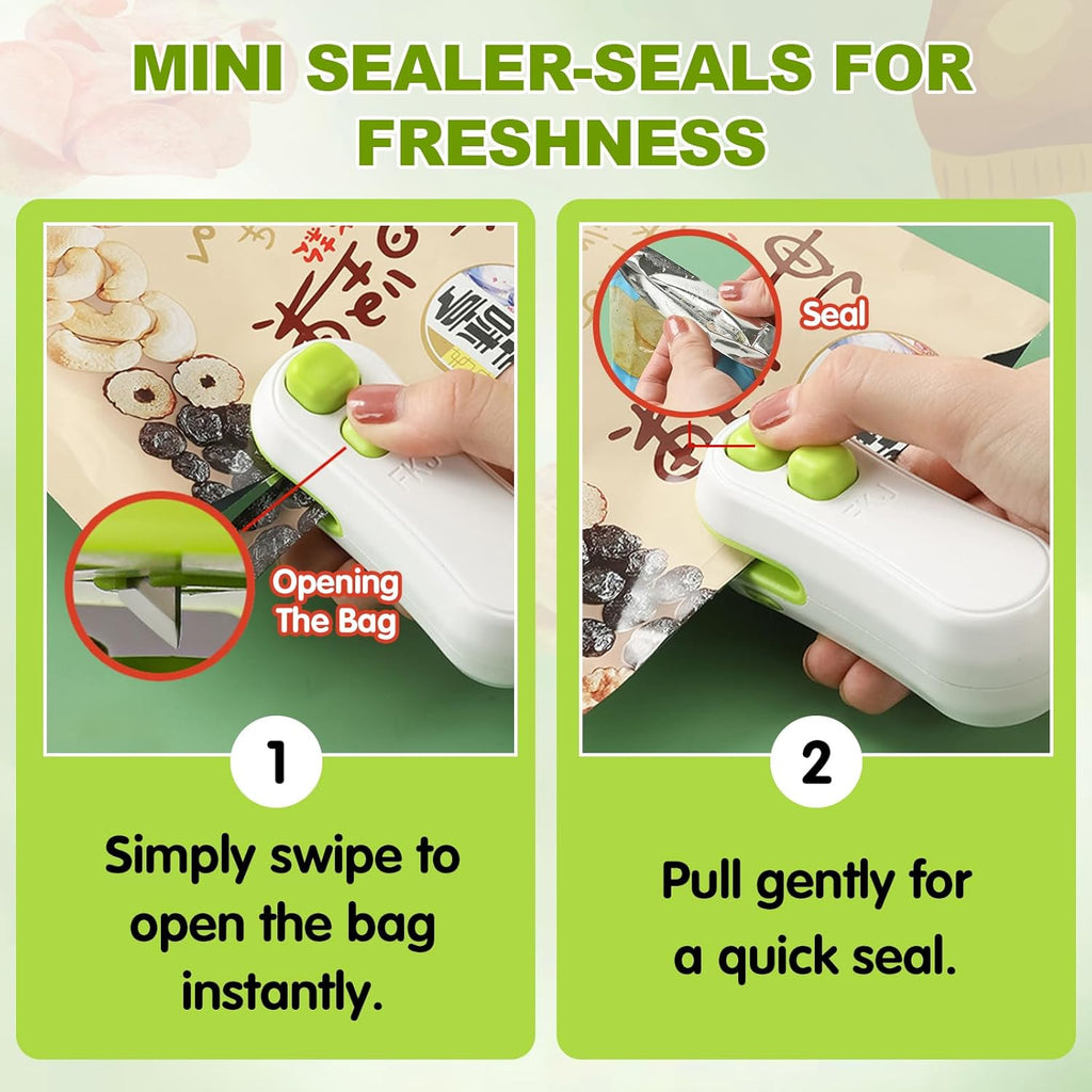 Rechargeable handheld mini bag sealer sealing the top of a snack bag.