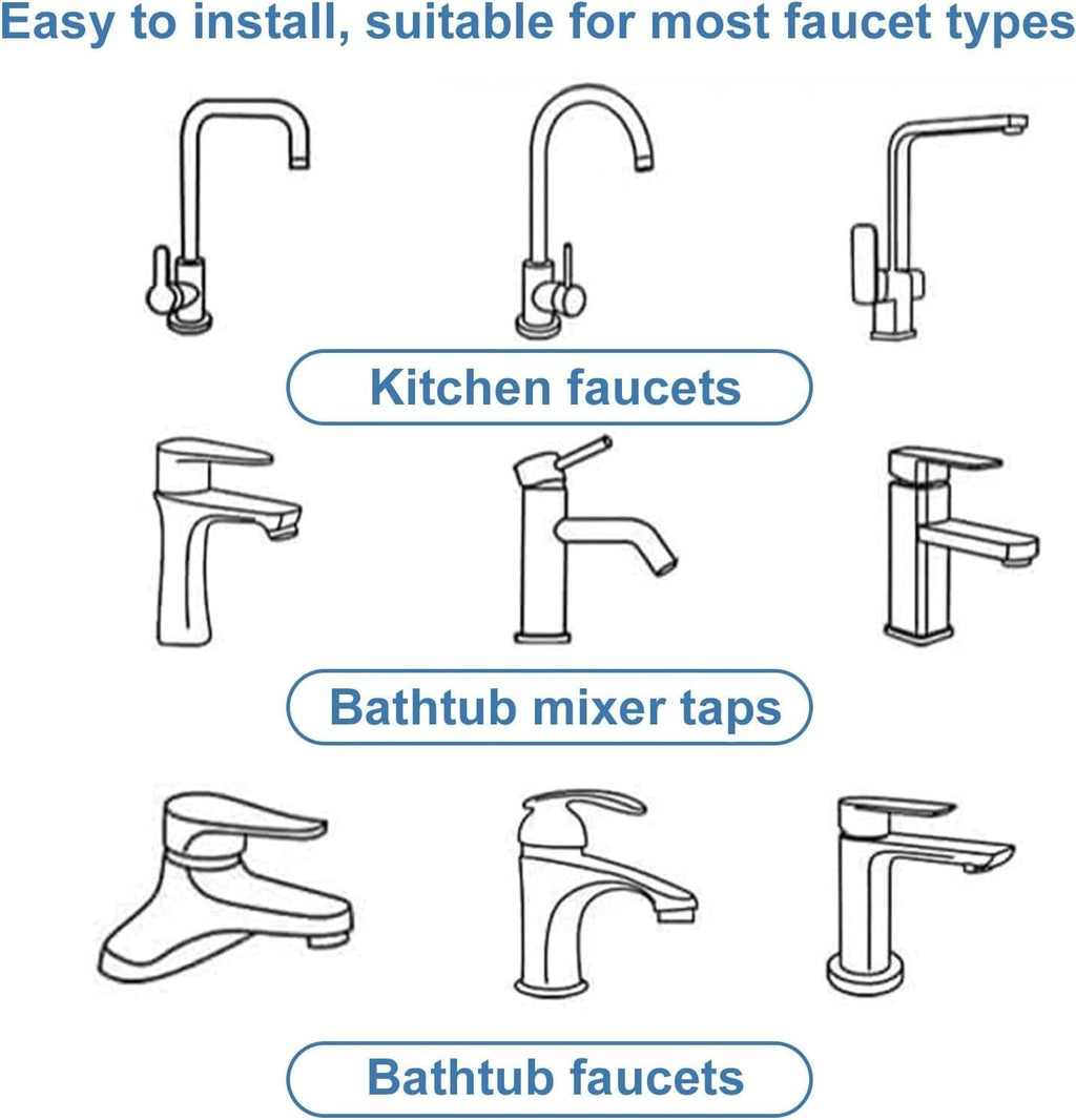 U-shaped faucet extender attached to a bathroom sink faucet at an angle.