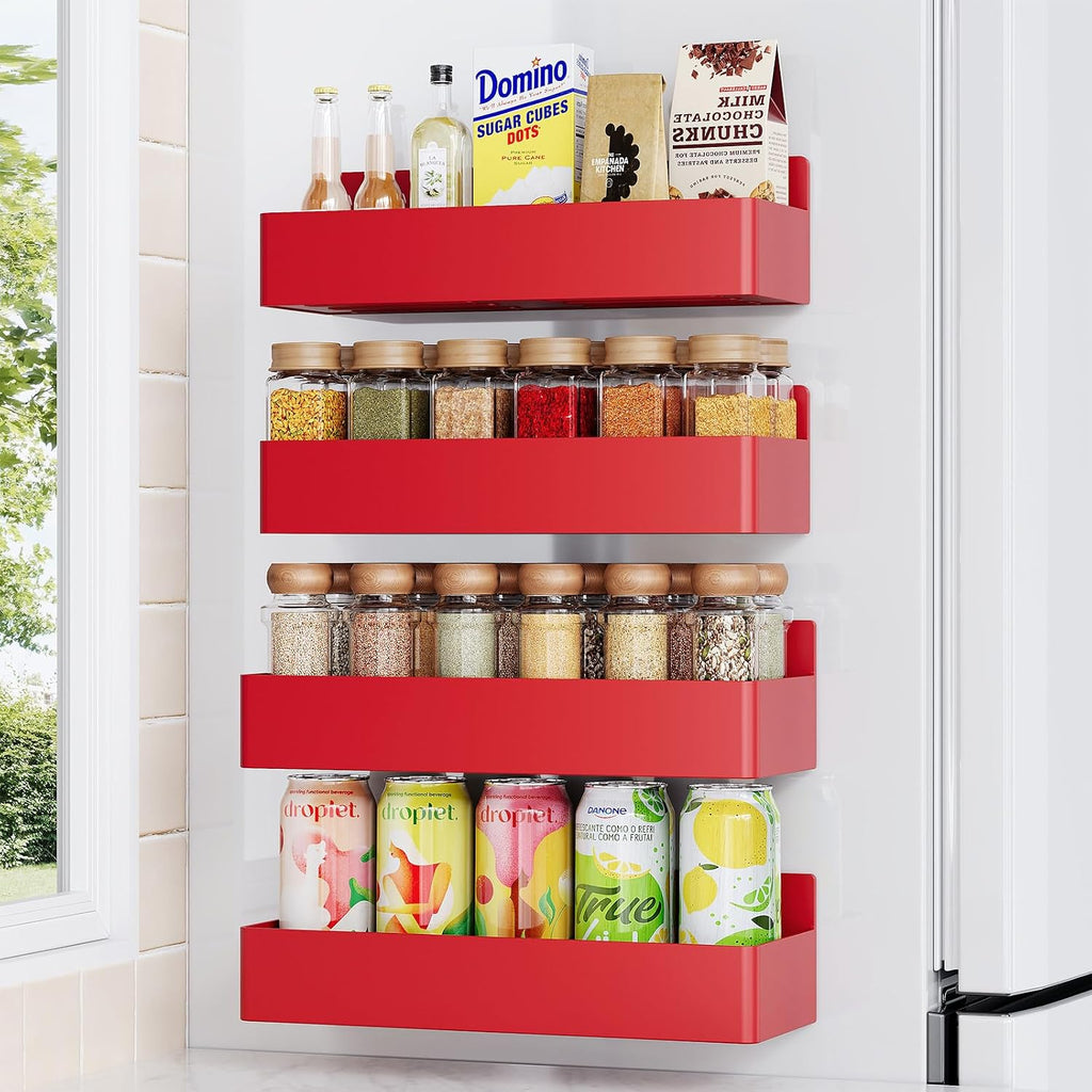 Magnetic spice rack mounted on the side of a refrigerator holding spice jars.