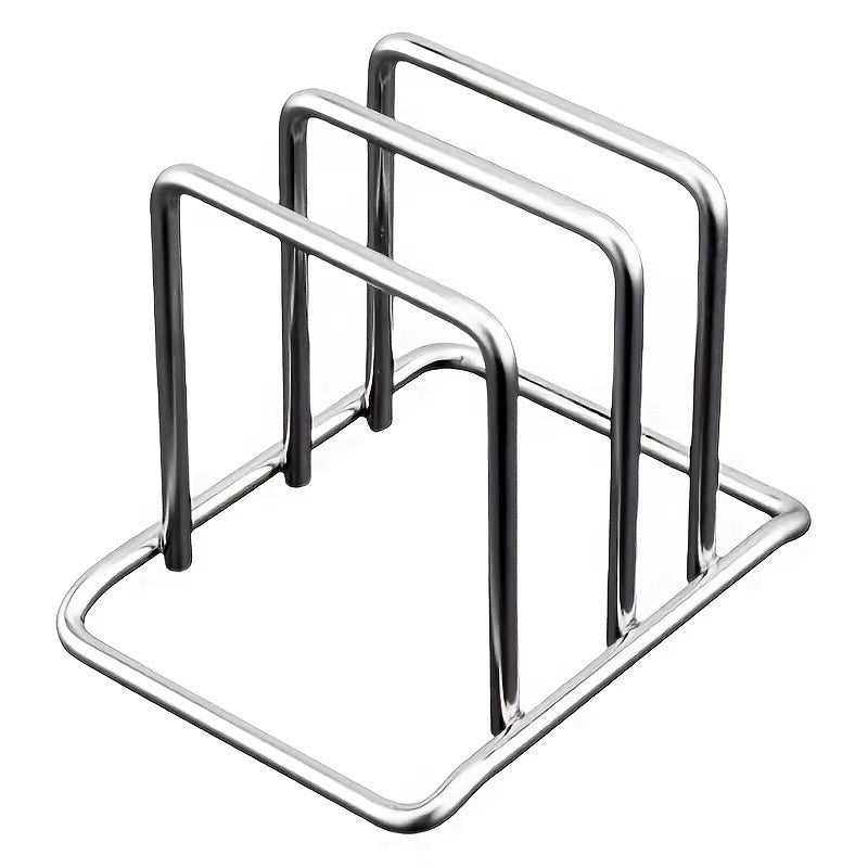 Stainless steel countertop rack organizing pot lids and cutting boards side by side.