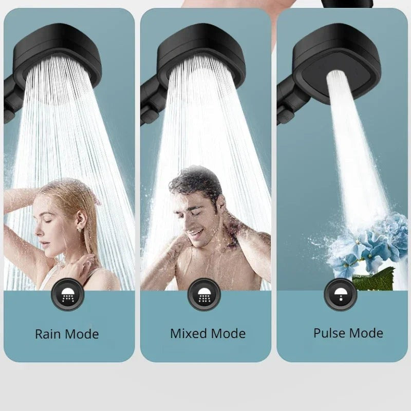High-pressure water-saving shower head mounted in a modern bathroom.