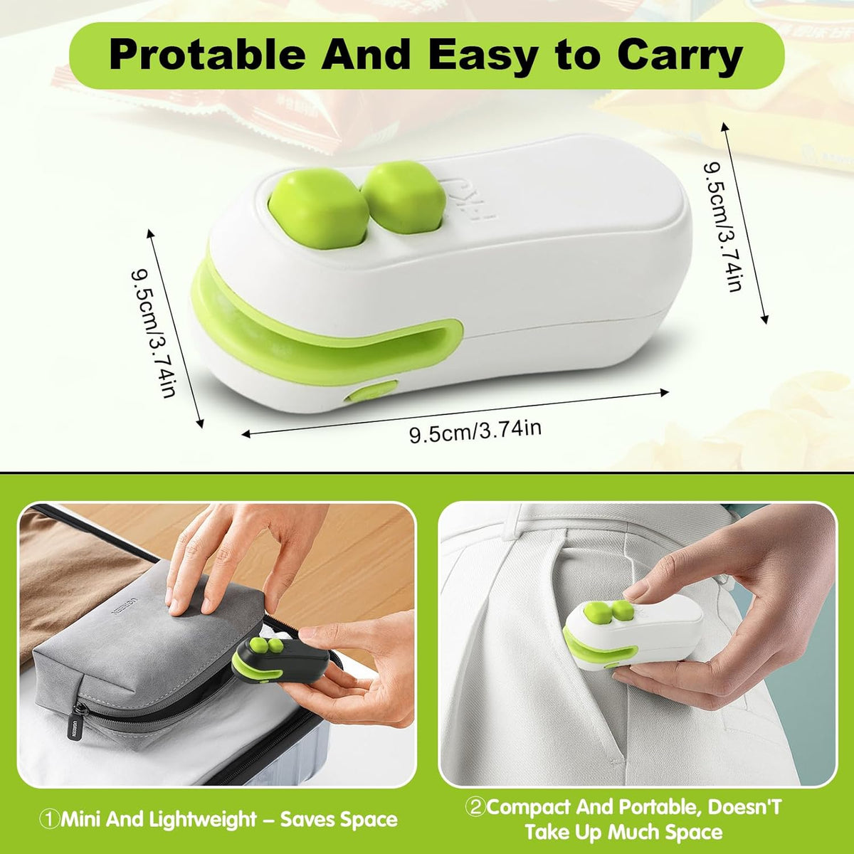 Rechargeable handheld mini bag sealer sealing the top of a snack bag.