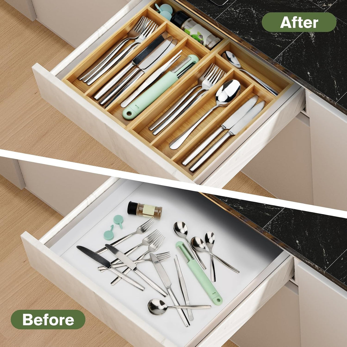 Bamboo silverware drawer organizer holding neatly divided spoons, forks, and knives.