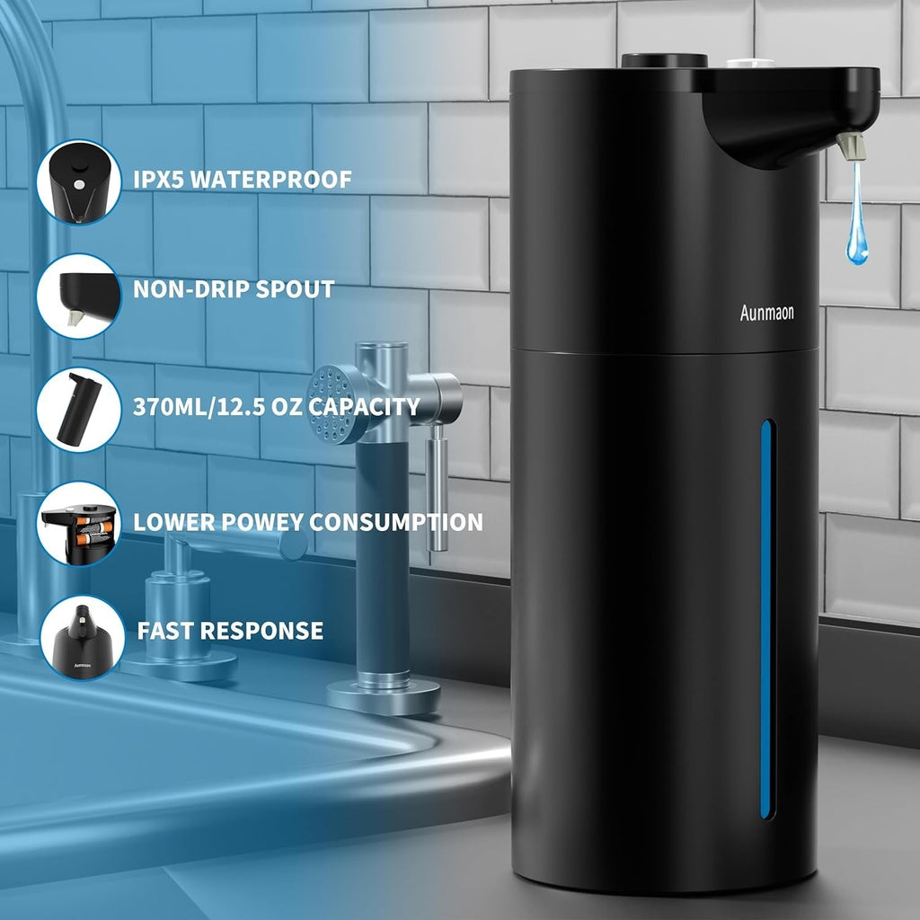 Touchless automatic soap dispenser mounted near a kitchen sink dispensing liquid soap.