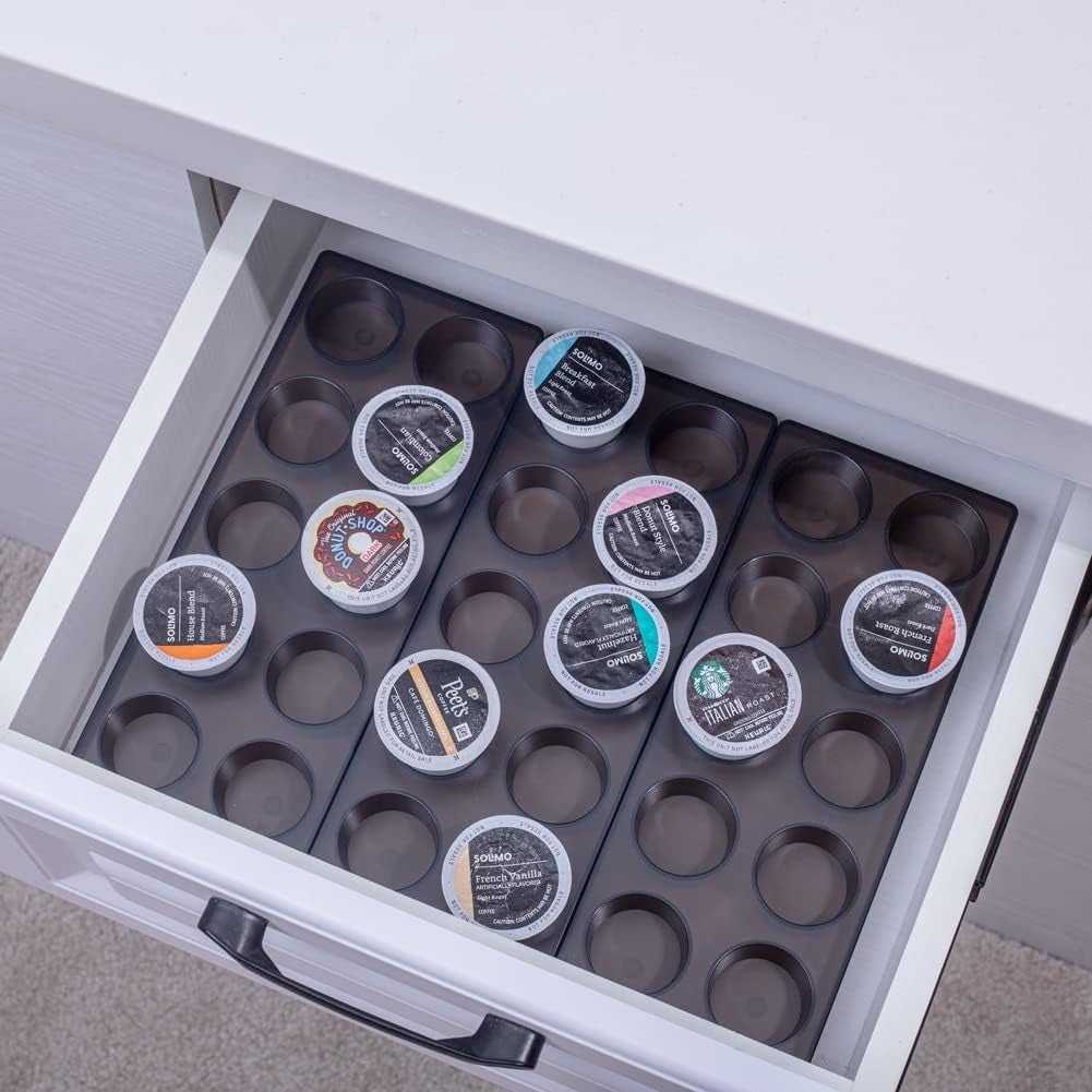 Coffee pod drawer organizer tray holding K-Cup pods with non-slip pads underneath.