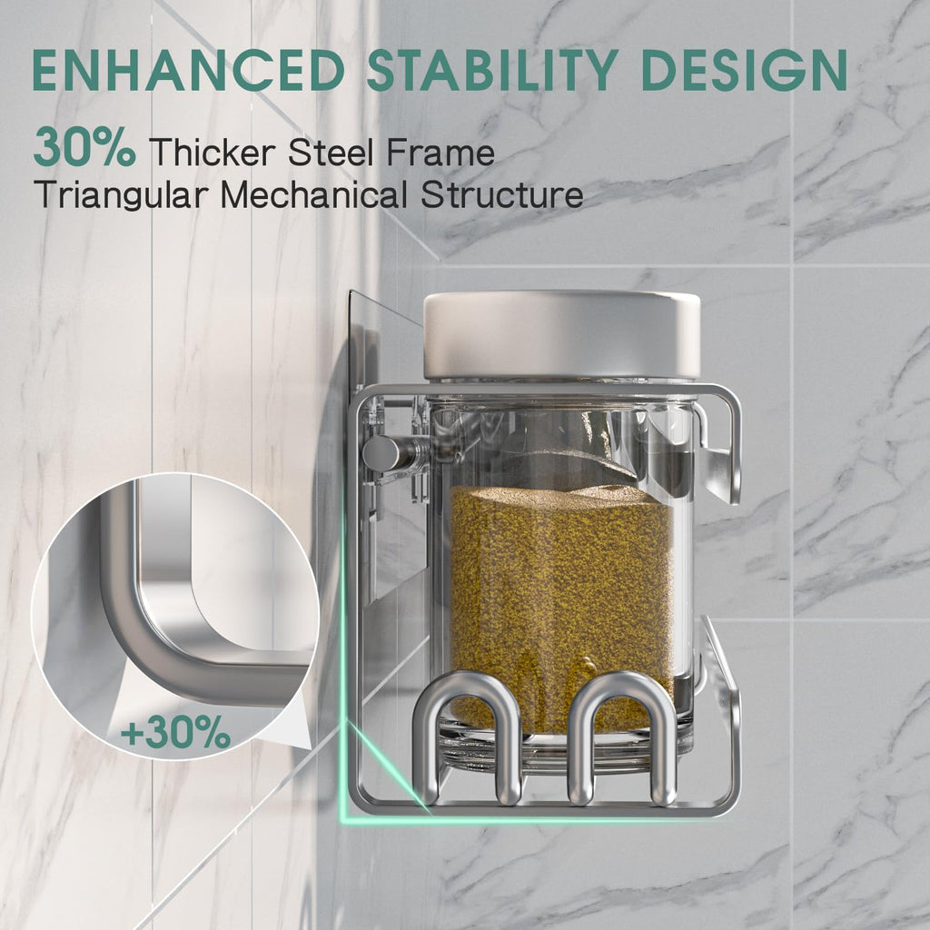 Silver wall-mounted spice rack with metal hooks mounted inside a pantry door.