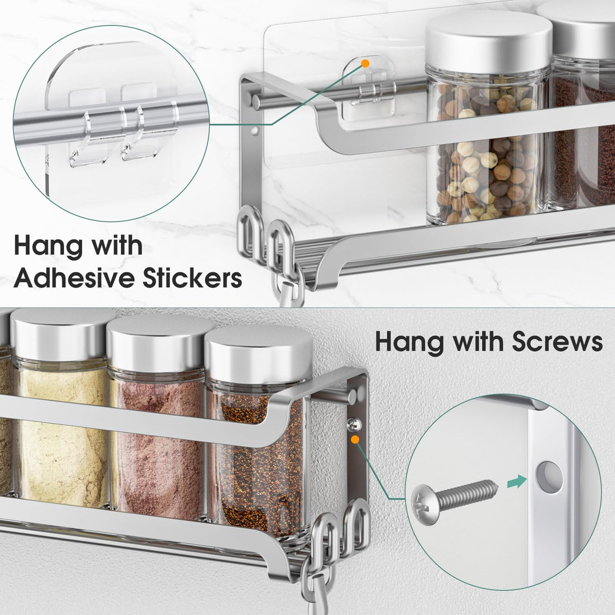 Silver wall-mounted spice rack with metal hooks mounted inside a pantry door.