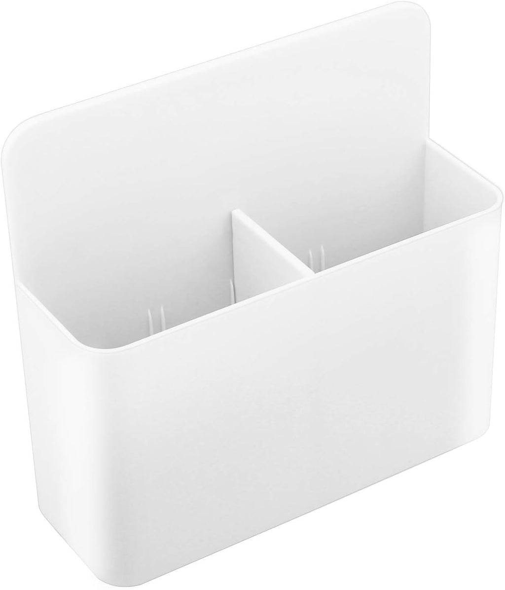 White magnetic marker holder attached to a whiteboard holding dry erase markers.