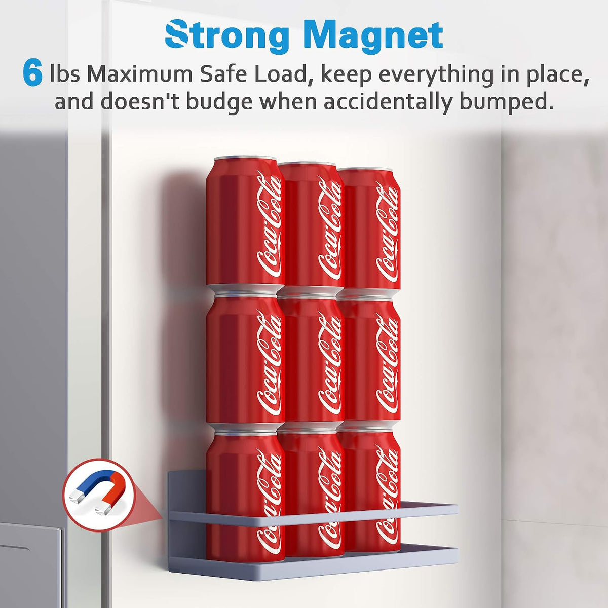 Gray magnetic spice shelf with removable hooks mounted on the side of a metal appliance.