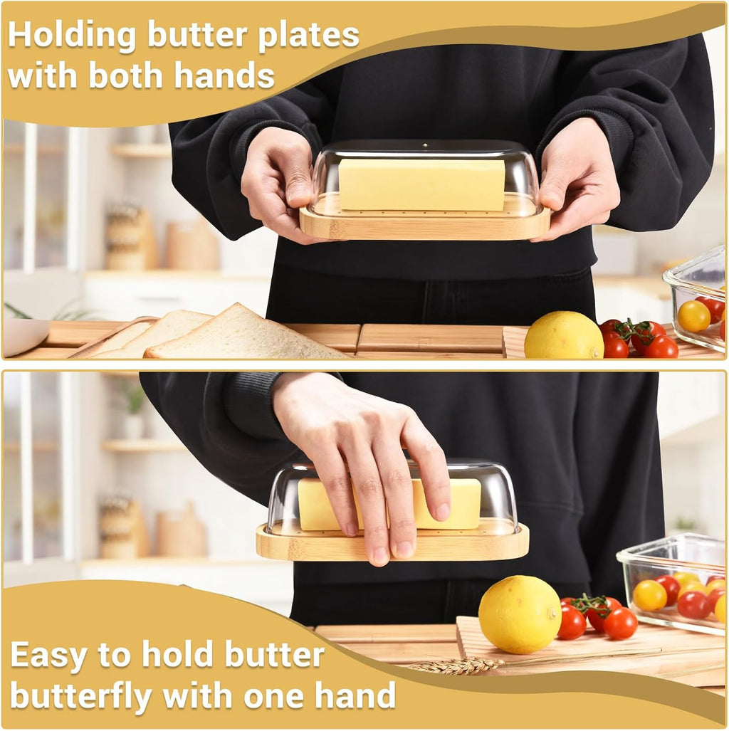 Bamboo butter dish with lid holding a stick of butter on a kitchen counter.