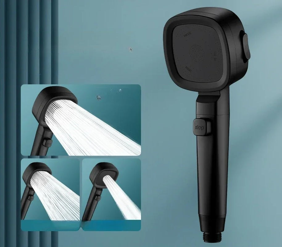 High-pressure water-saving shower head mounted in a modern bathroom.