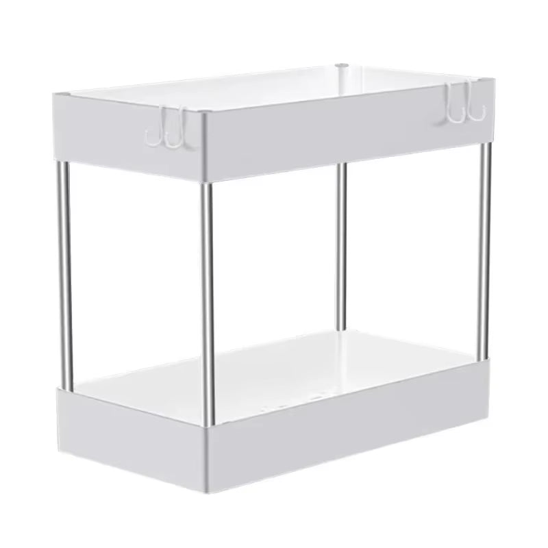 2-tier multipurpose storage rack organizing items inside a bathroom cabinet.