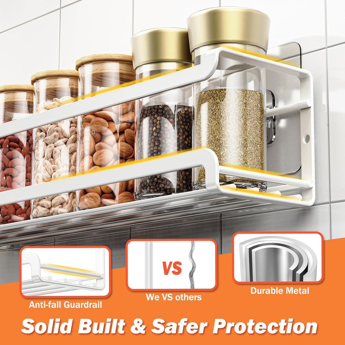 White wall-mounted spice rack holding spice jars inside a kitchen cabinet door.