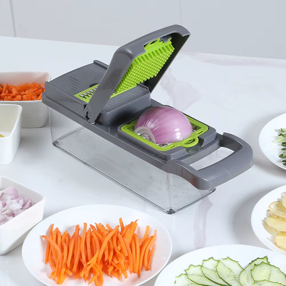 Multifunctional vegetable slicer with attached storage basket on a kitchen counter.