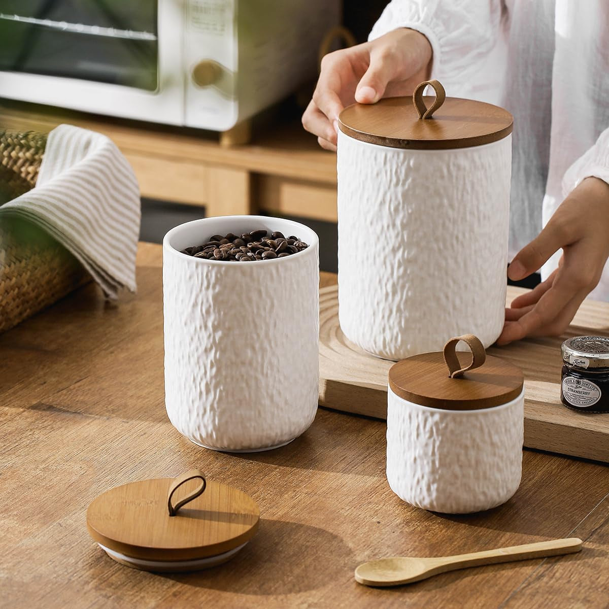 Black White Ceramic Coffee Canister Tea Canister with Seal Wood Lid, Airtight Coffee Storage Container for Coffee Bean, Ground Coffee, Sugar, Cookie Candy Jar (White, 800Ml)