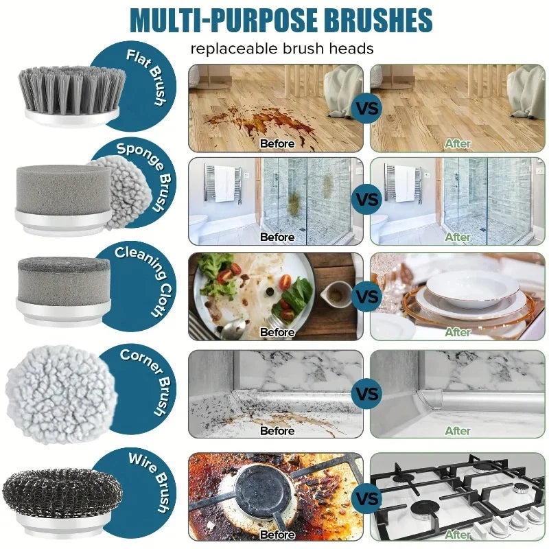 Cordless electric spin scrubber with replaceable brush head cleaning a bathroom tile surface.