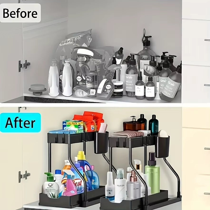 2-tier pull-out storage organizer installed inside an under-sink cabinet.