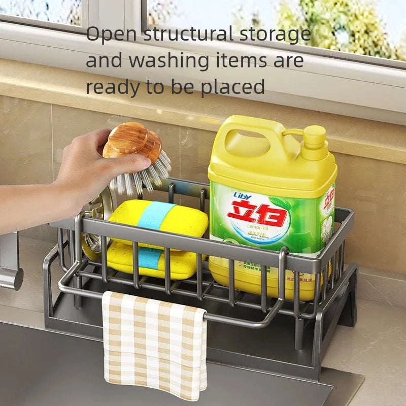 Tap-mounted sink shelf with drainage holes holding a sponge and dish soap.