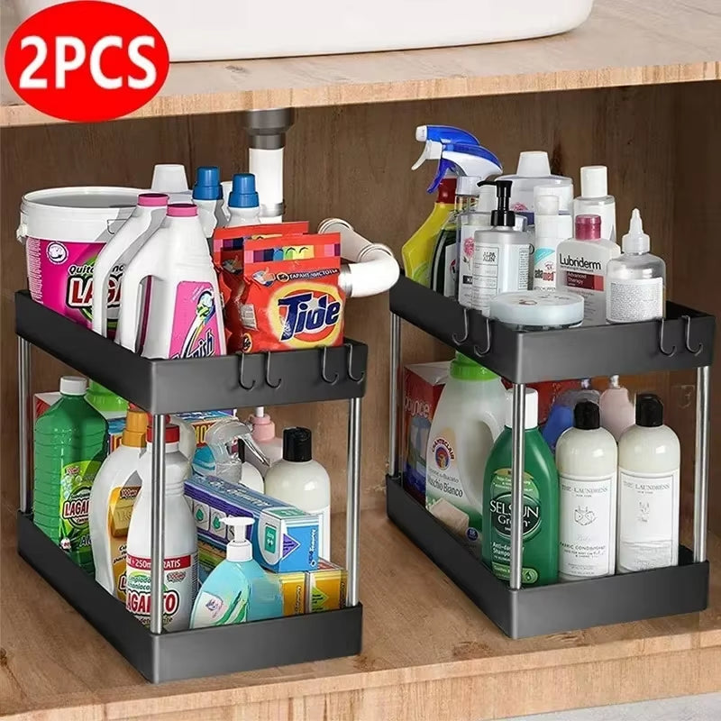 2-tier multipurpose storage rack organizing items inside a bathroom cabinet.