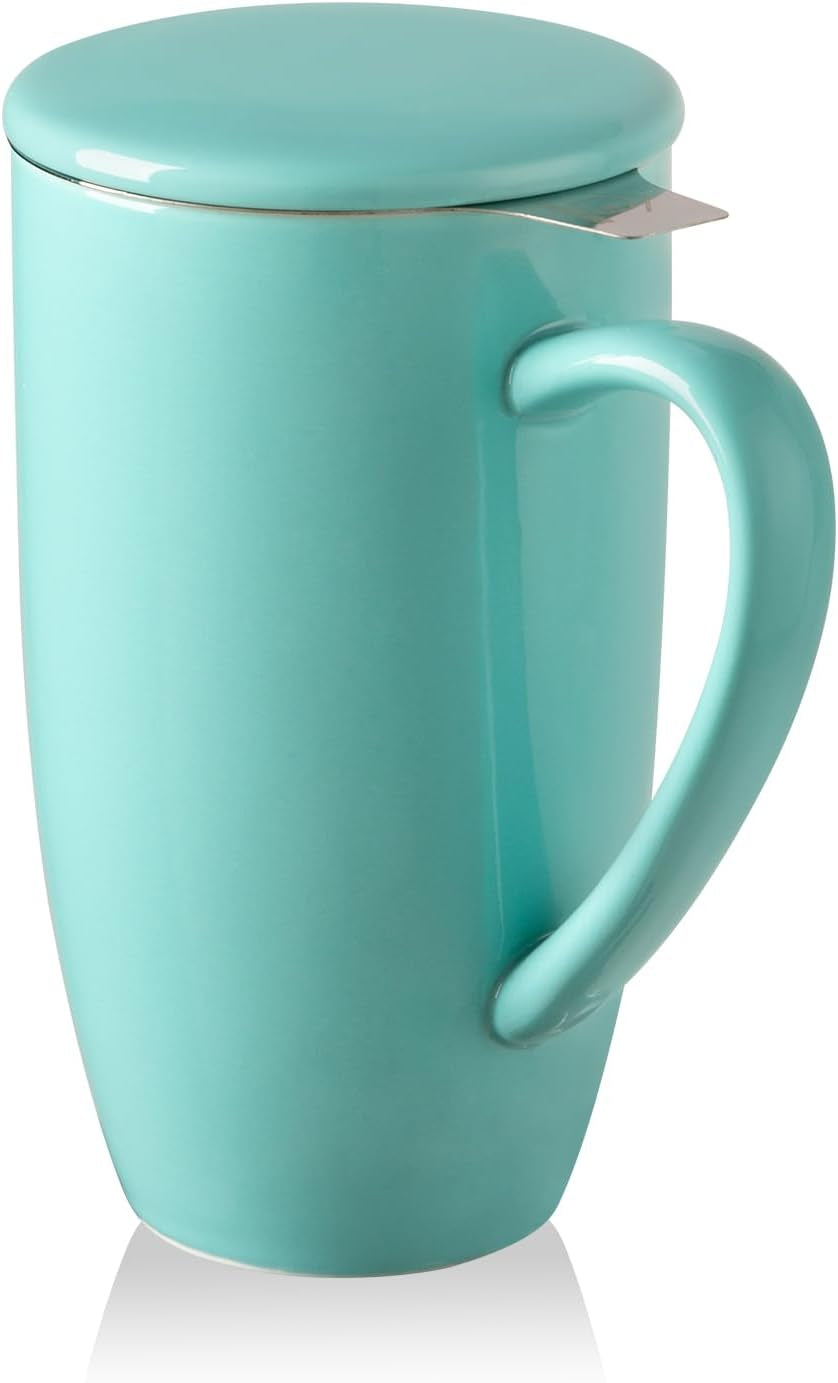 Sweejar Porcelain Tea Infuser Mug with Lid, 16 Oz Teacup with Strainers for Loose Leaf Tea, Microwave and Dishwasher Safe Coffee Mug(Turquoise)