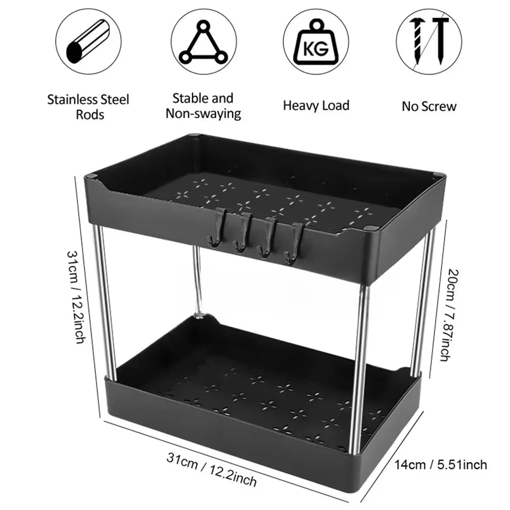 2-tier multipurpose storage rack organizing items inside a bathroom cabinet.