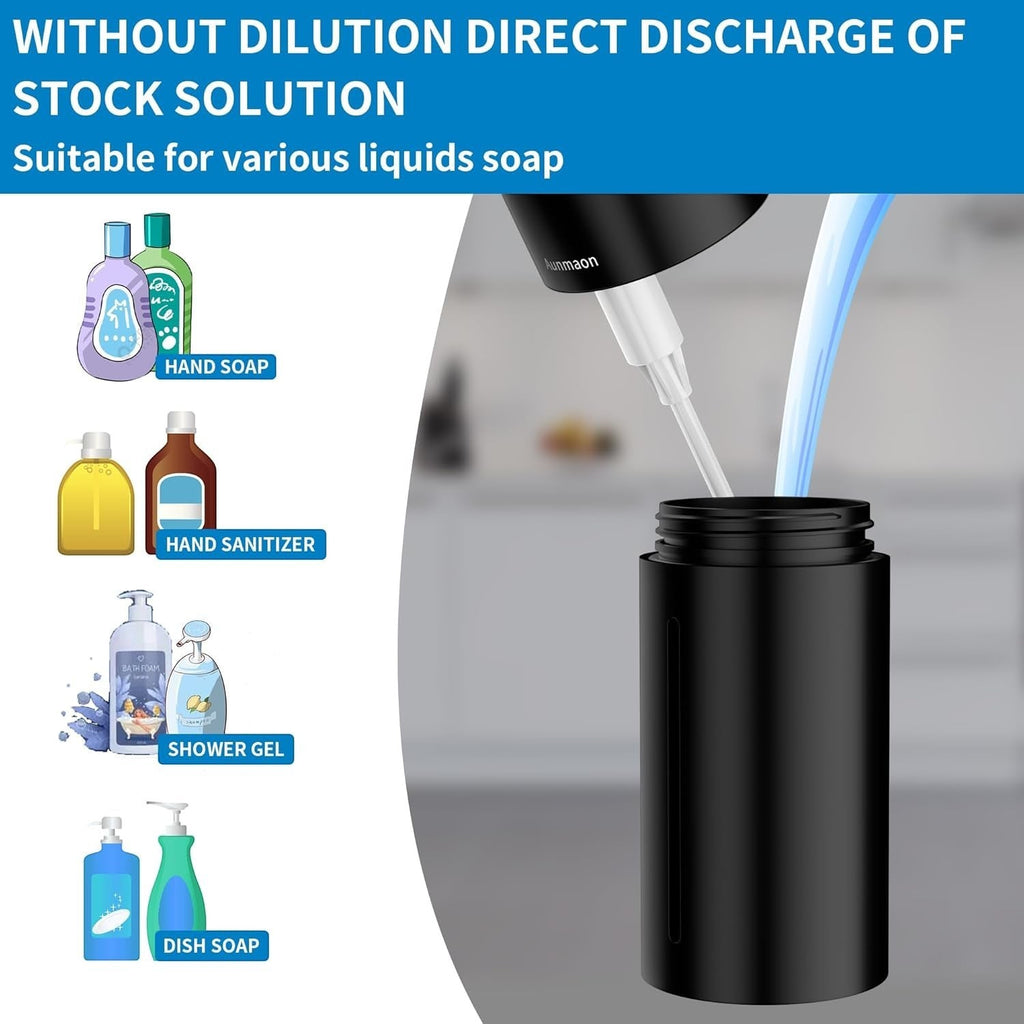 Touchless automatic soap dispenser mounted near a kitchen sink dispensing liquid soap.