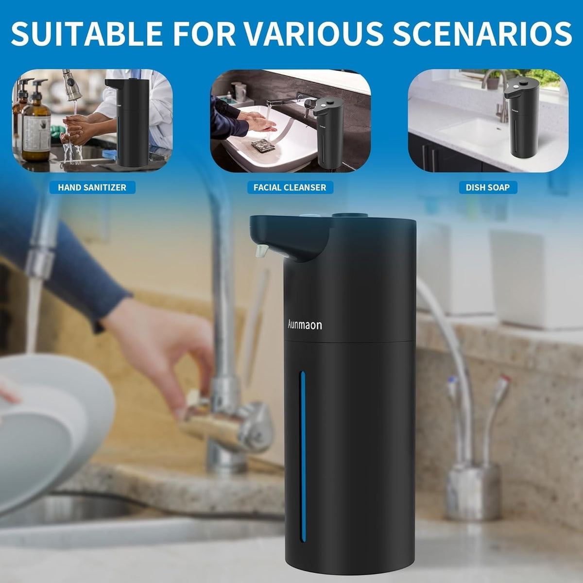 Touchless automatic soap dispenser mounted near a kitchen sink dispensing liquid soap.