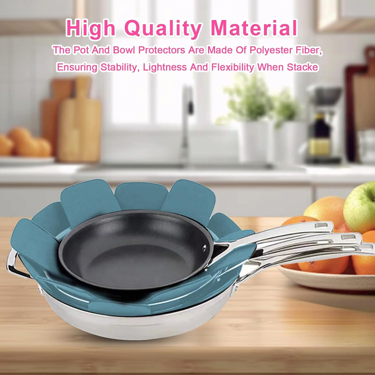 Blue pan protectors separating stacked pots and pans in a kitchen cabinet.
