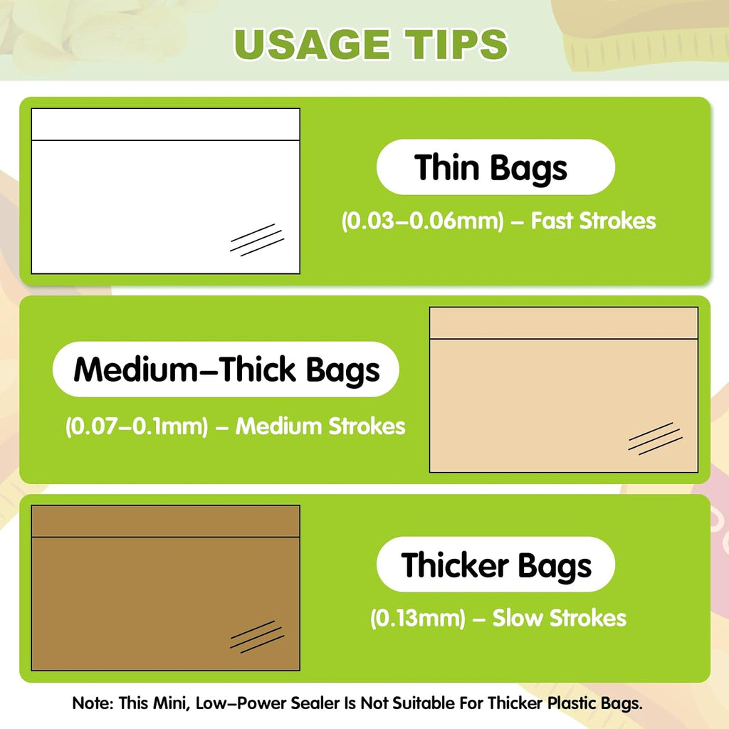 Rechargeable handheld mini bag sealer sealing the top of a snack bag.