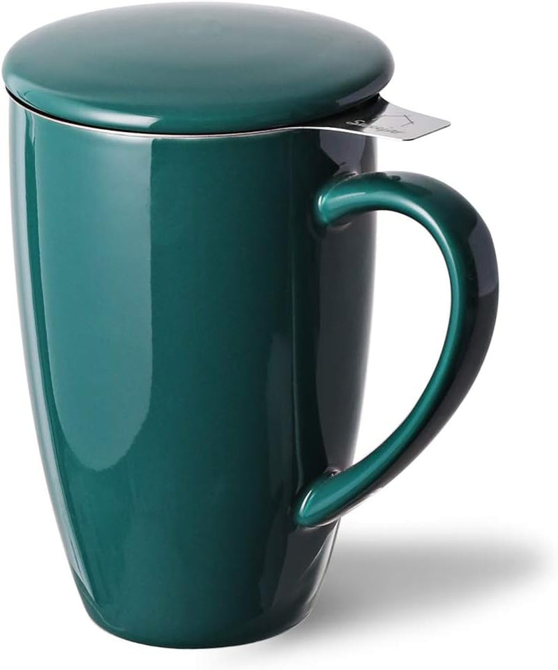 Sweejar Porcelain Tea Infuser Mug with Lid, 16 Oz Teacup with Strainers for Loose Leaf Tea, Microwave and Dishwasher Safe Coffee Mug(Turquoise)
