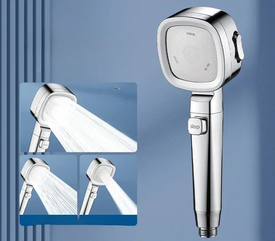 High-pressure water-saving shower head mounted in a modern bathroom.