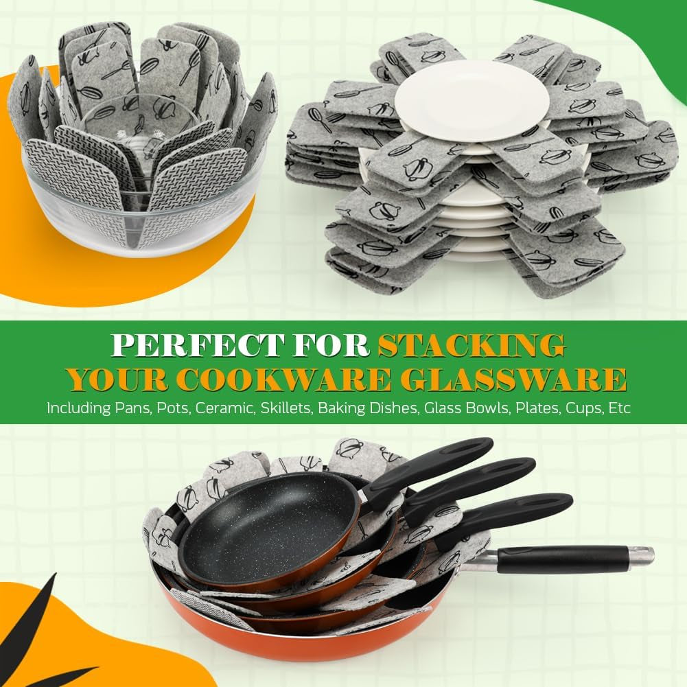Set of felt pot and pan protectors placed between stacked cookware.