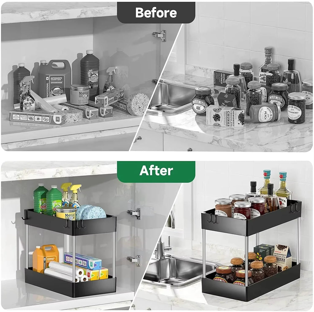 2-tier multipurpose storage rack organizing items inside a bathroom cabinet.