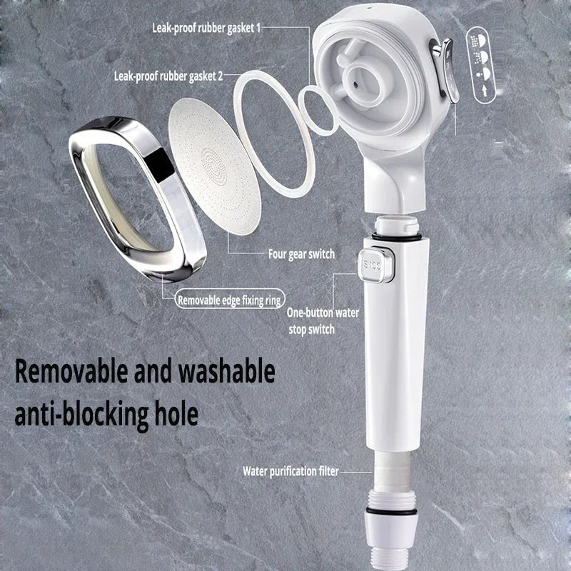 High-pressure water-saving shower head mounted in a modern bathroom.