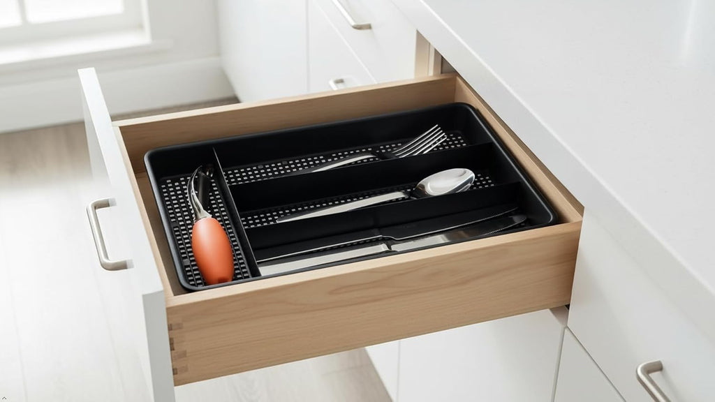 Black compact utensil drawer organizer fitted inside a narrow kitchen drawer.