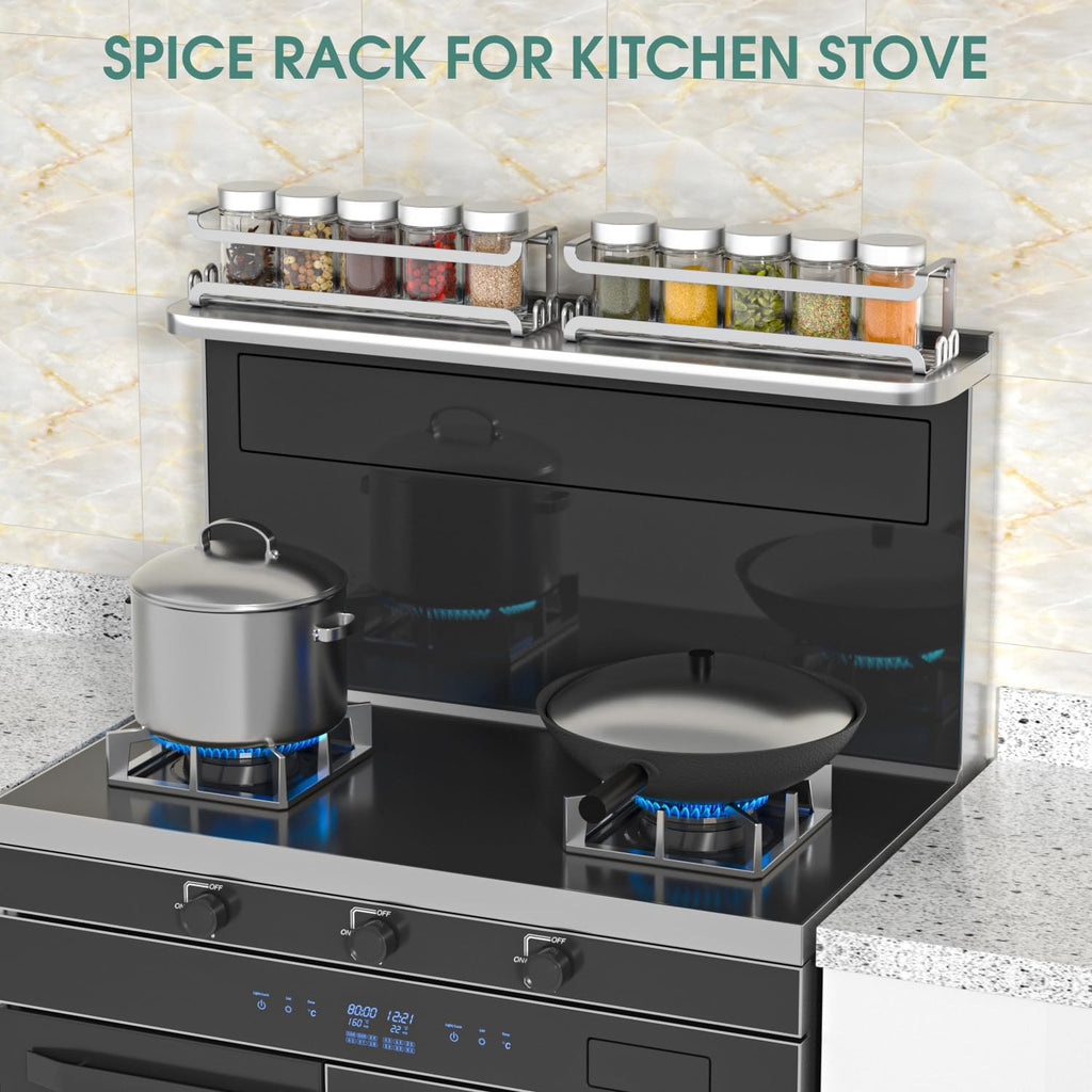 Silver wall-mounted spice rack with metal hooks mounted inside a pantry door.