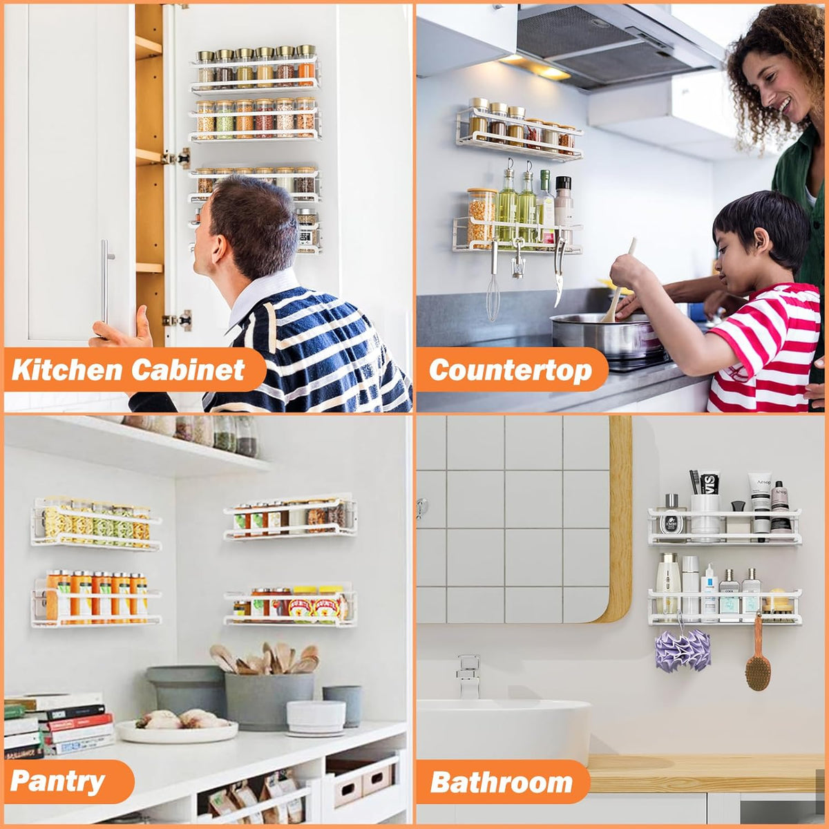 White wall-mounted spice rack holding spice jars inside a kitchen cabinet door.