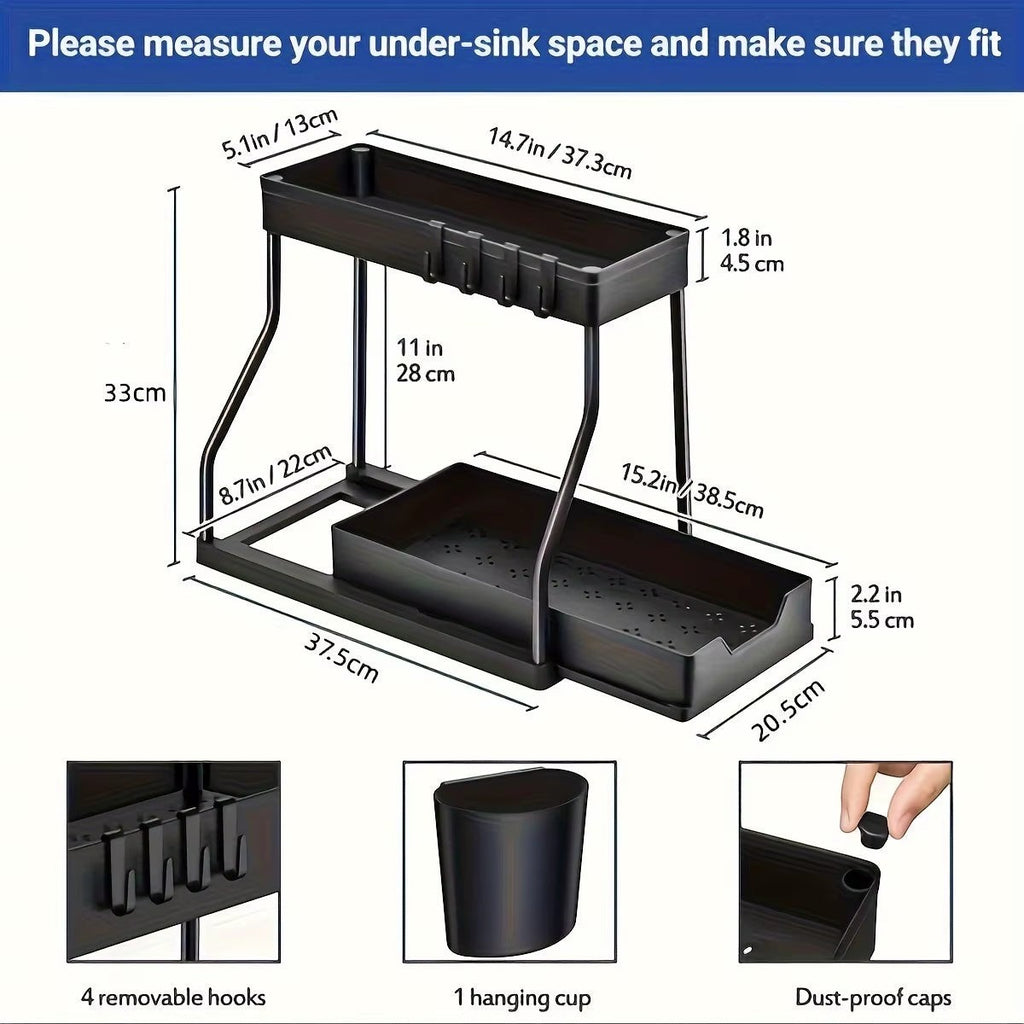2-tier pull-out storage organizer installed inside an under-sink cabinet.