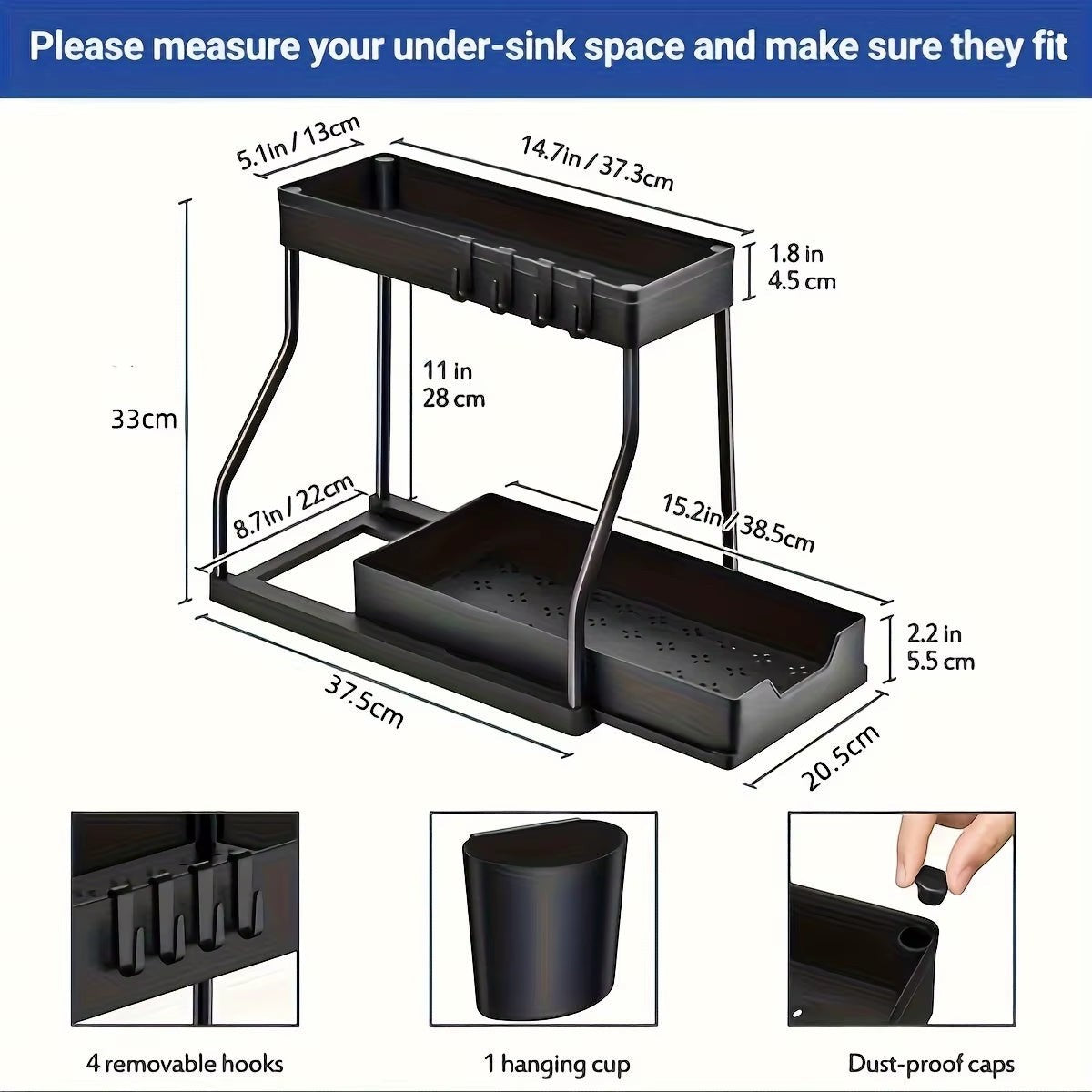 2-tier pull-out storage organizer installed inside an under-sink cabinet.