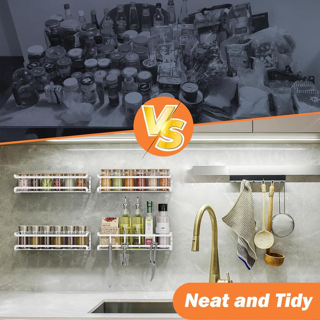 White wall-mounted spice rack holding spice jars inside a kitchen cabinet door.
