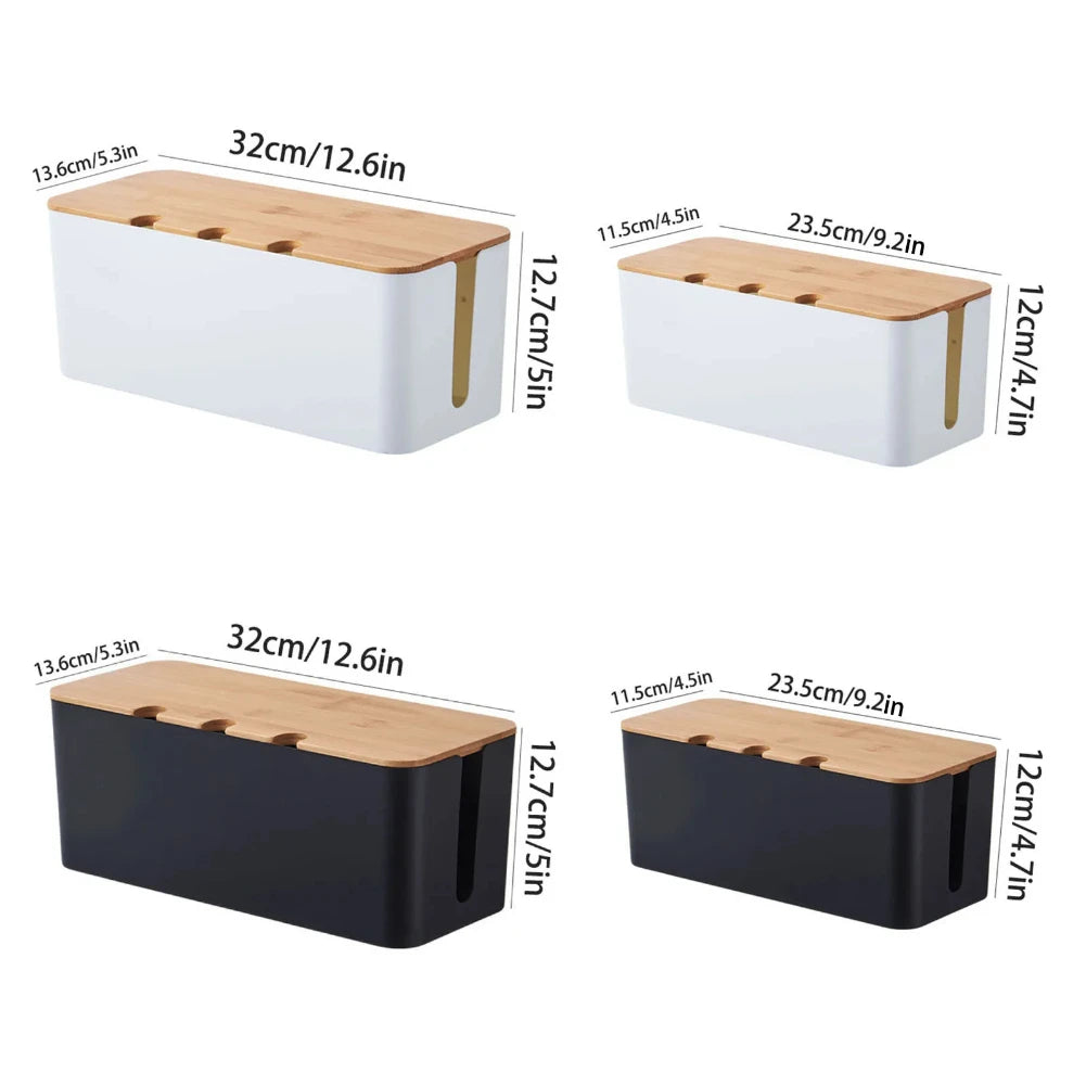 Wooden-style cable management box concealing cords and a power strip under a desk.