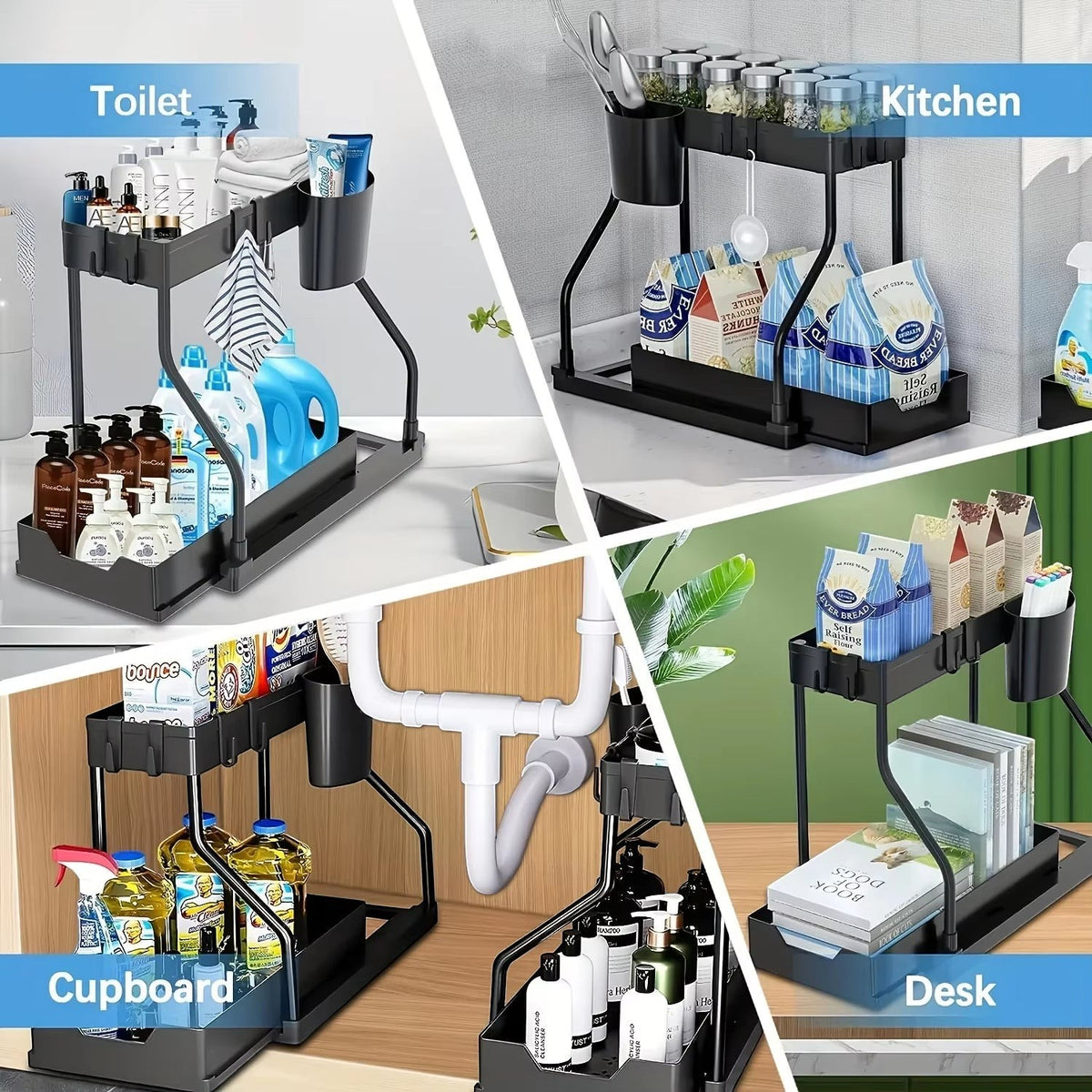 2-tier pull-out storage organizer installed inside an under-sink cabinet.