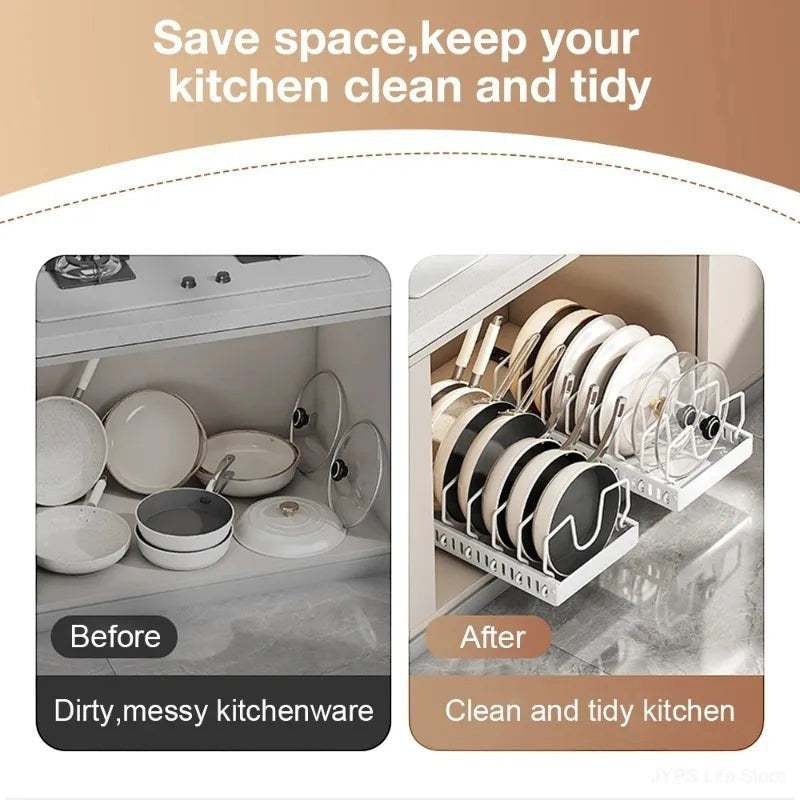 Pull-out cabinet organizer holding pots, pans, and lids upright in a kitchen cabinet.