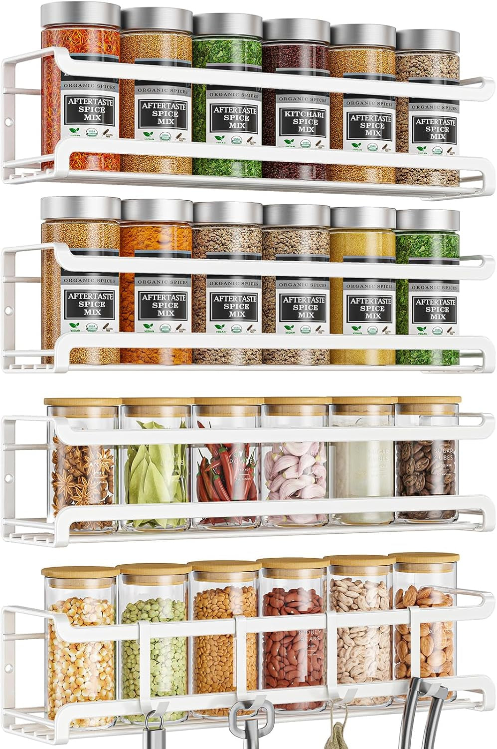 White wall-mounted spice rack holding spice jars inside a kitchen cabinet door.